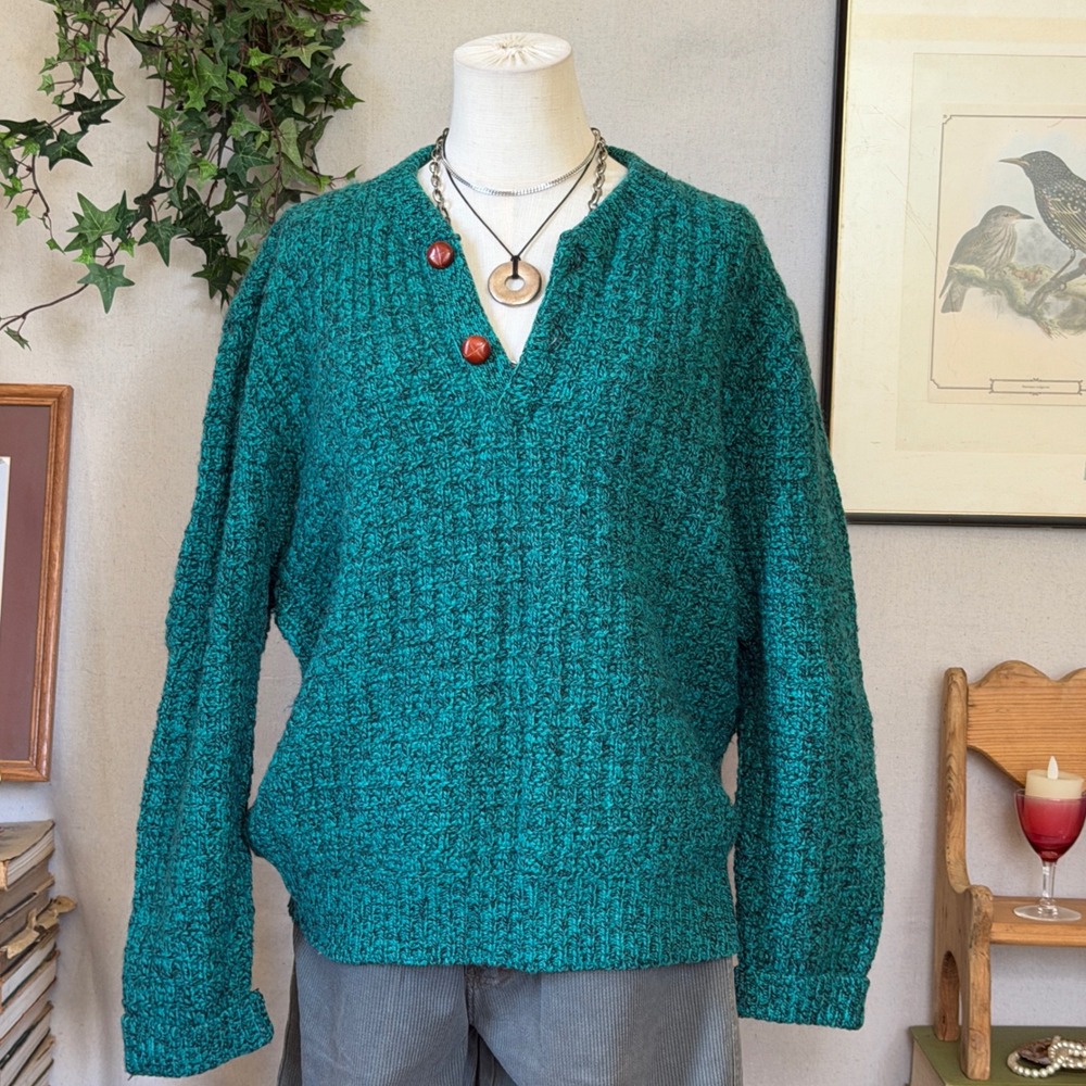Green Waffle Knit Button Neck Sweater Indie Grunge Vintage 90s M Grandpa Granola